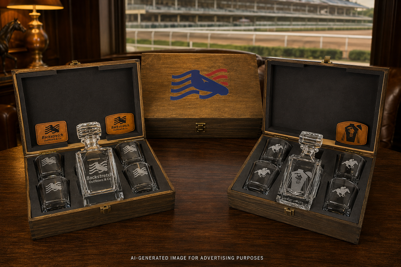 Personalized Whiskey Decanter Set with 4 Engraved Glasses, Custom Wooden Gift Box, Horse Racing Bourbon Gift, Backstretch Barware