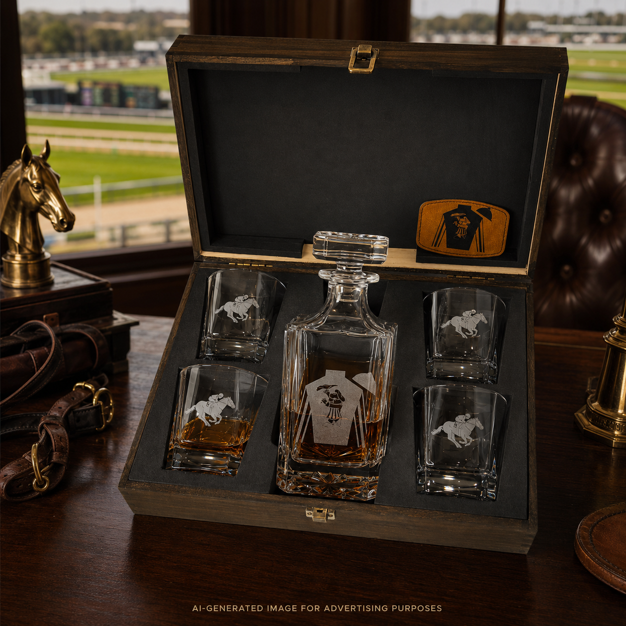 Personalized Whiskey Decanter Set with 4 Engraved Glasses, Custom Wooden Gift Box, Horse Racing Bourbon Gift, Backstretch Barware
