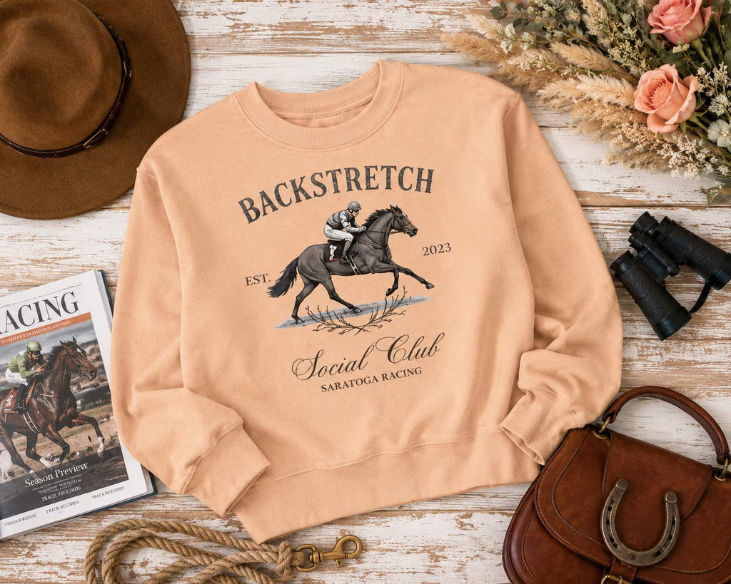 Backstretch Social Club Sweatshirt, Horse Racing Sweatshirt, Equestrian Crewneck, Saratoga Style Pullover, Horse Lover Gift, Derby Day