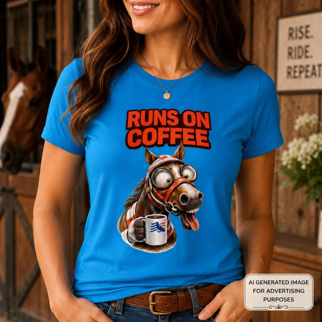 Runs on Coffee Horse Shirt, Funny Equestrian Graphic Tee, Coffee Lover Gift, Horse Mom Barn Life T-Shirt