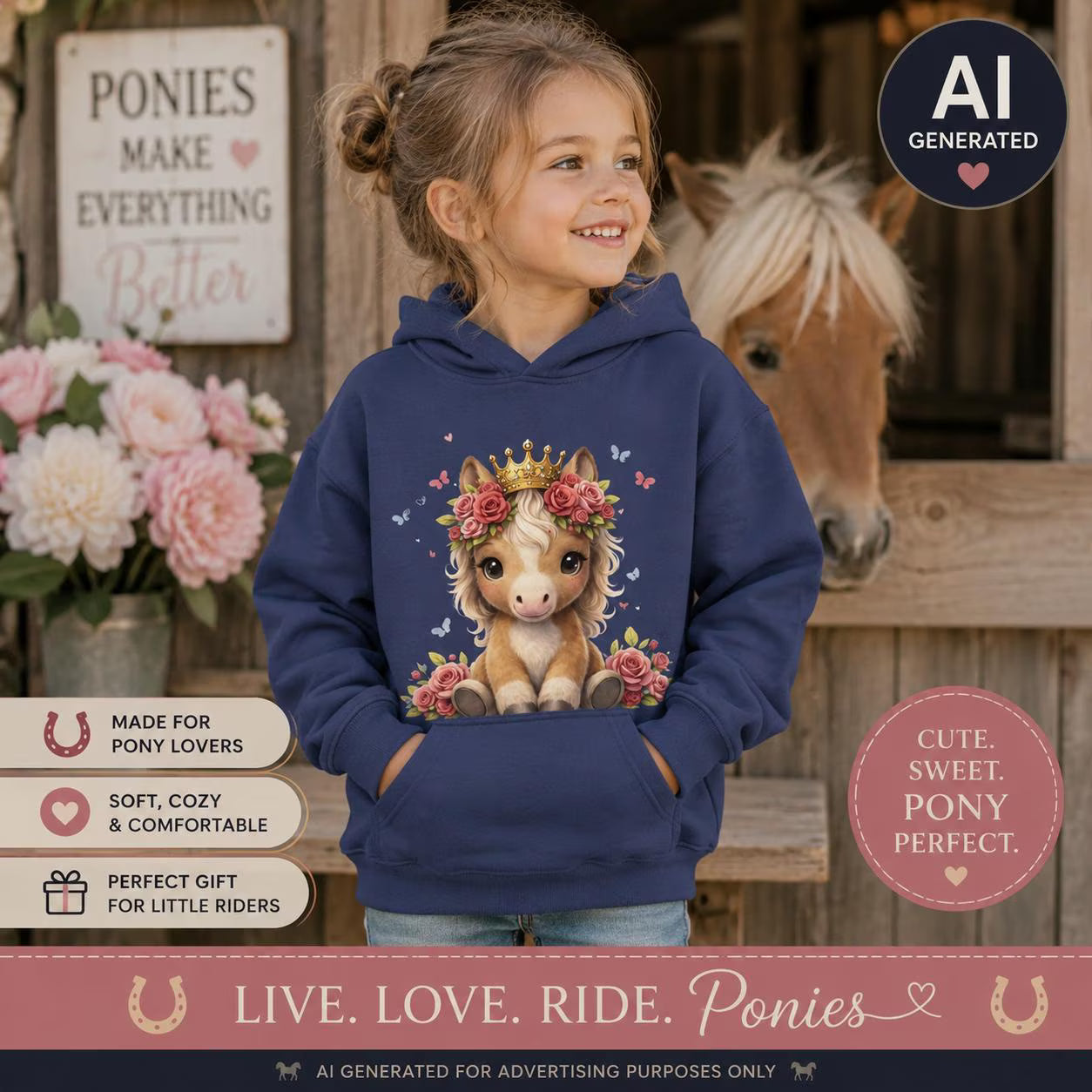 Princess Pony Hoodie, Floral Crown, Equestrian Gift for Girls, Kids Horse Lover Sweatshirt
