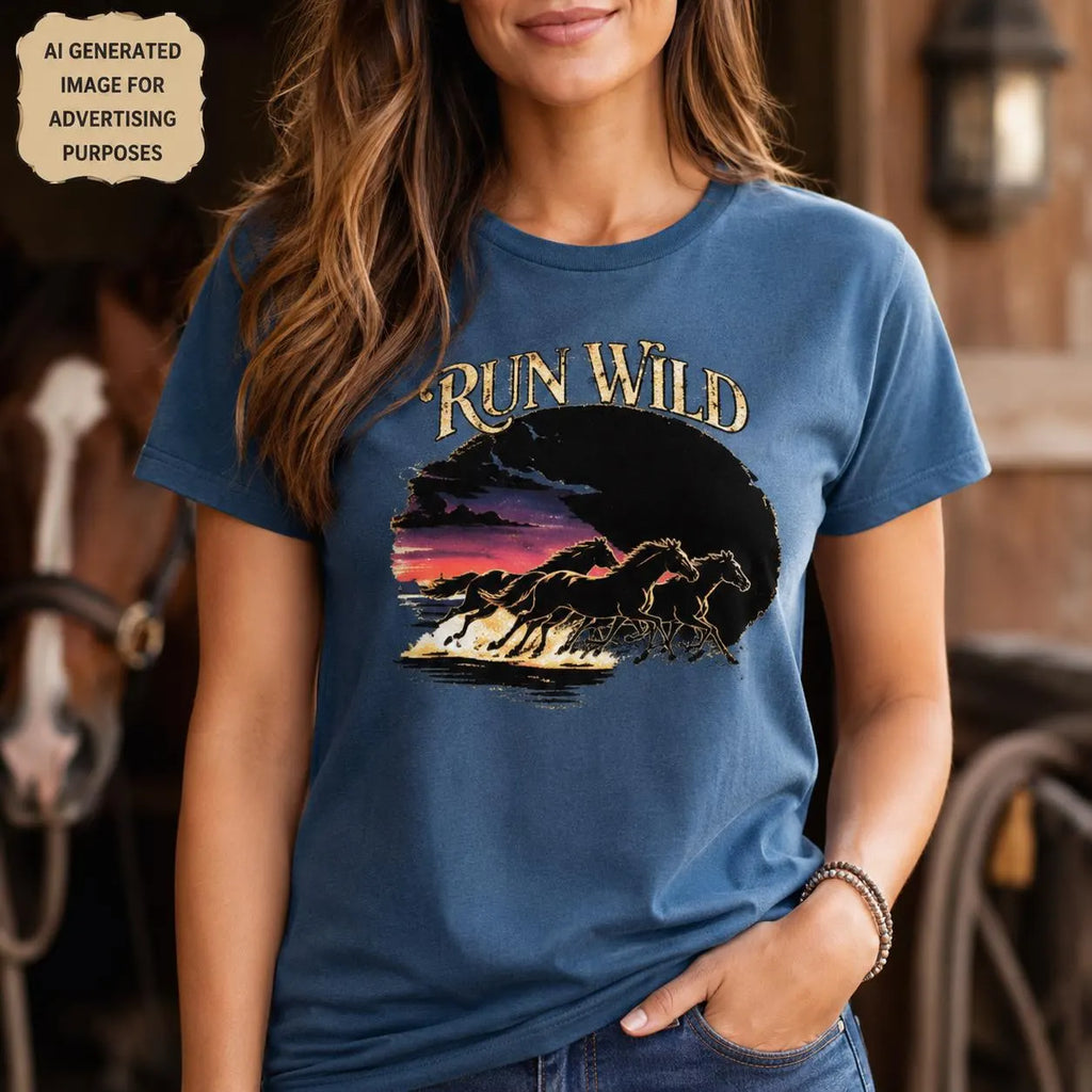 Run Wild Horse Shirt - Western Sunset Graphic Tee - Running Horses Silhouette - Equestrian Cowgirl Shirt - Horse Lover Gift - Backstretch Outfitters Co. Unisex Tee