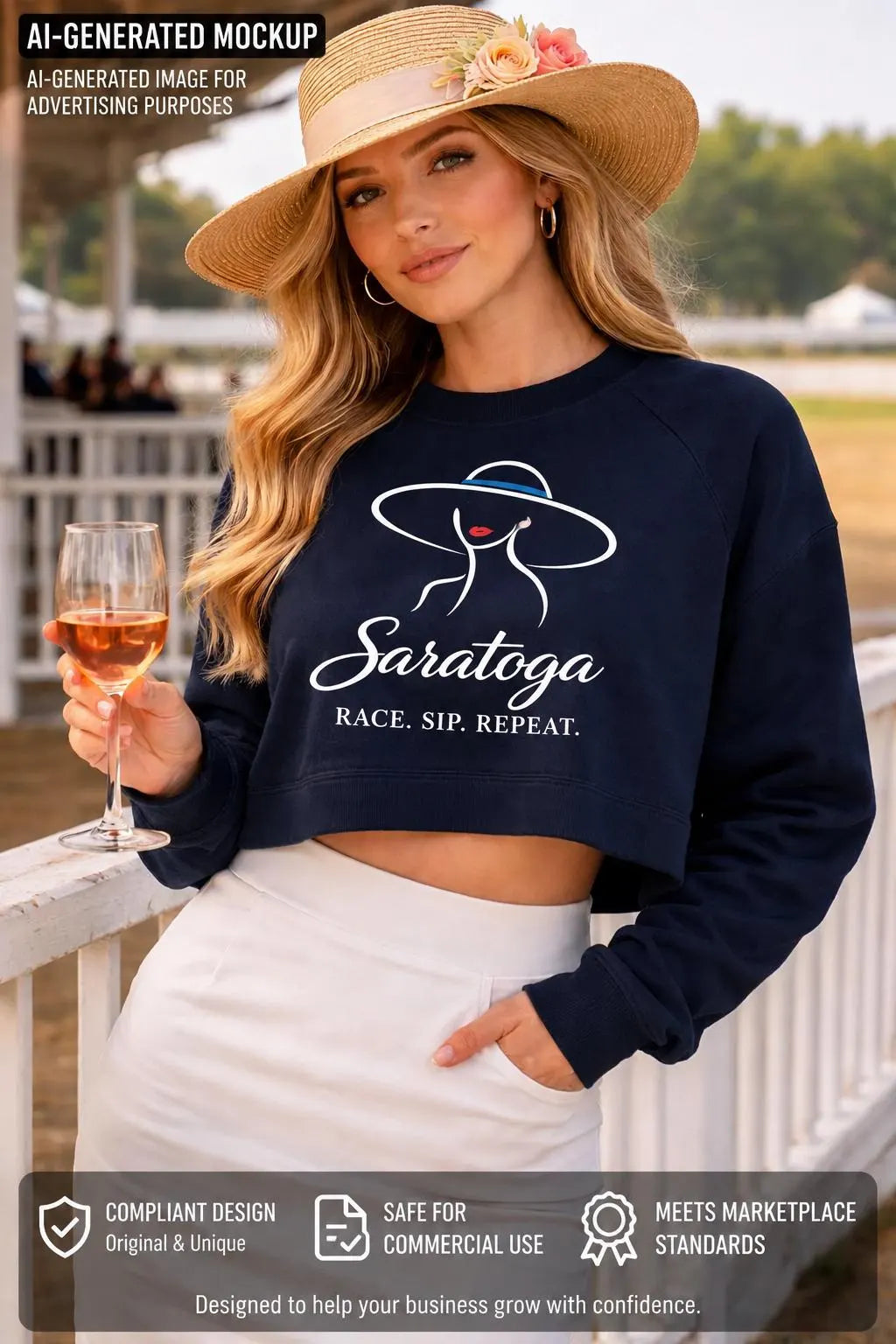 Saratoga Women’s Cropped Sweatshirt, Horse Racing Race Day Crewneck, Elegant Derby Hat Pullover, Saratoga Springs Gift
