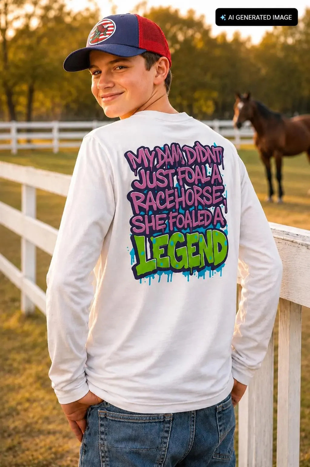 My Dam Didn’t Just Foal a Racehorse Shirt, She Foaled a Legend, Funny Horse Racing Long Sleeve Tee, Thoroughbred Lover Gift, Equestrian Tee