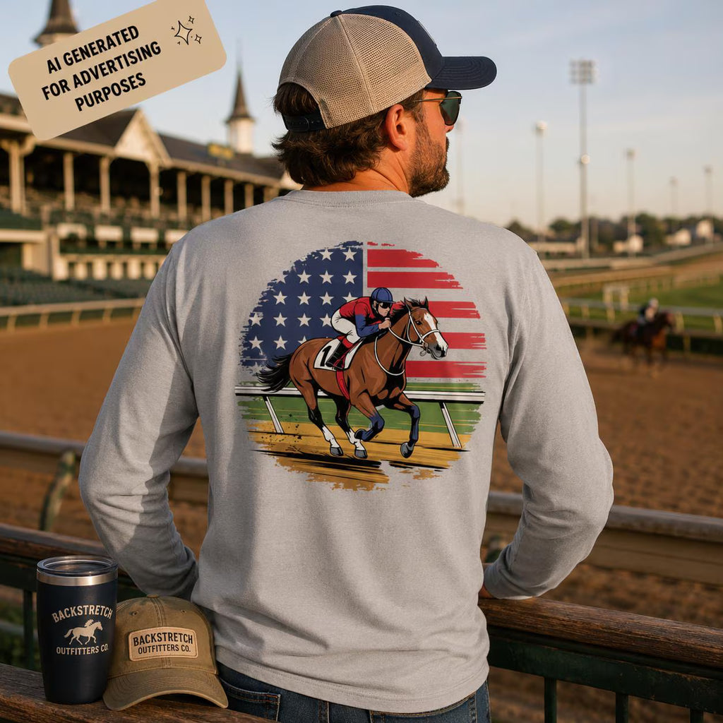 Patriotic Horse Racing Long Sleeve Shirt, American Flag Racehorse Tee, USA Equestrian Gift, Horse Lover Racing Apparel for Men