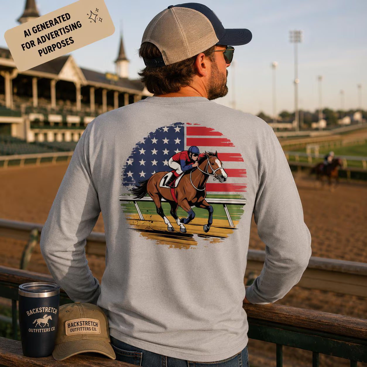 Patriotic Horse Racing Long Sleeve Shirt, American Flag Racehorse Tee, USA Equestrian Gift, Horse Lover Racing Apparel for Men