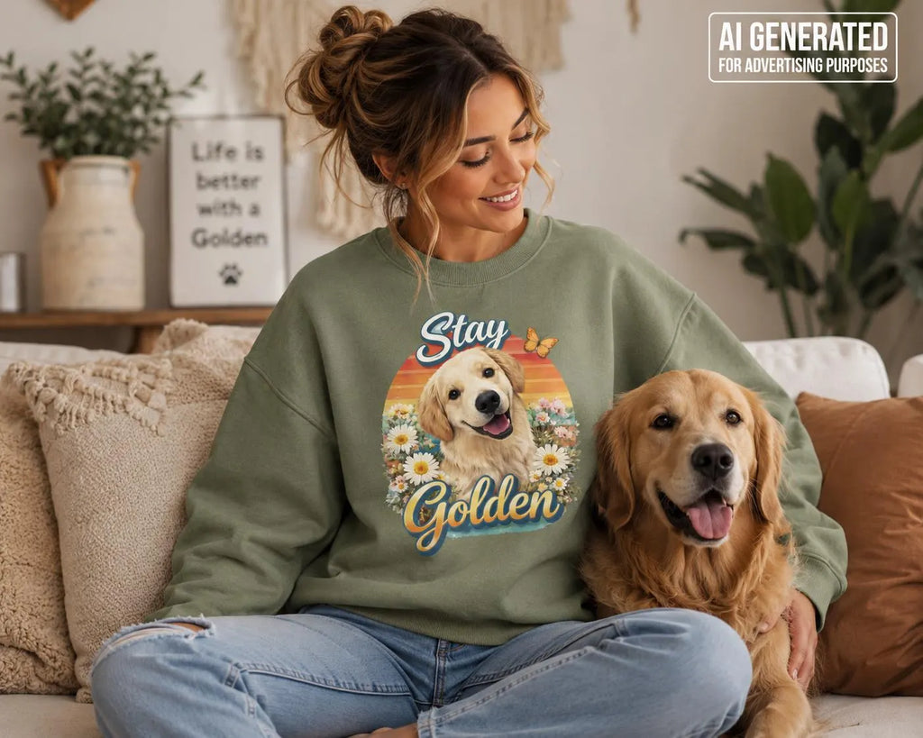 Stay Golden Golden Retriever Cropped Sweatshirt, Women’s Retro Dog Crewneck, Floral Puppy Sweater, Dog Lover Gift for Her
