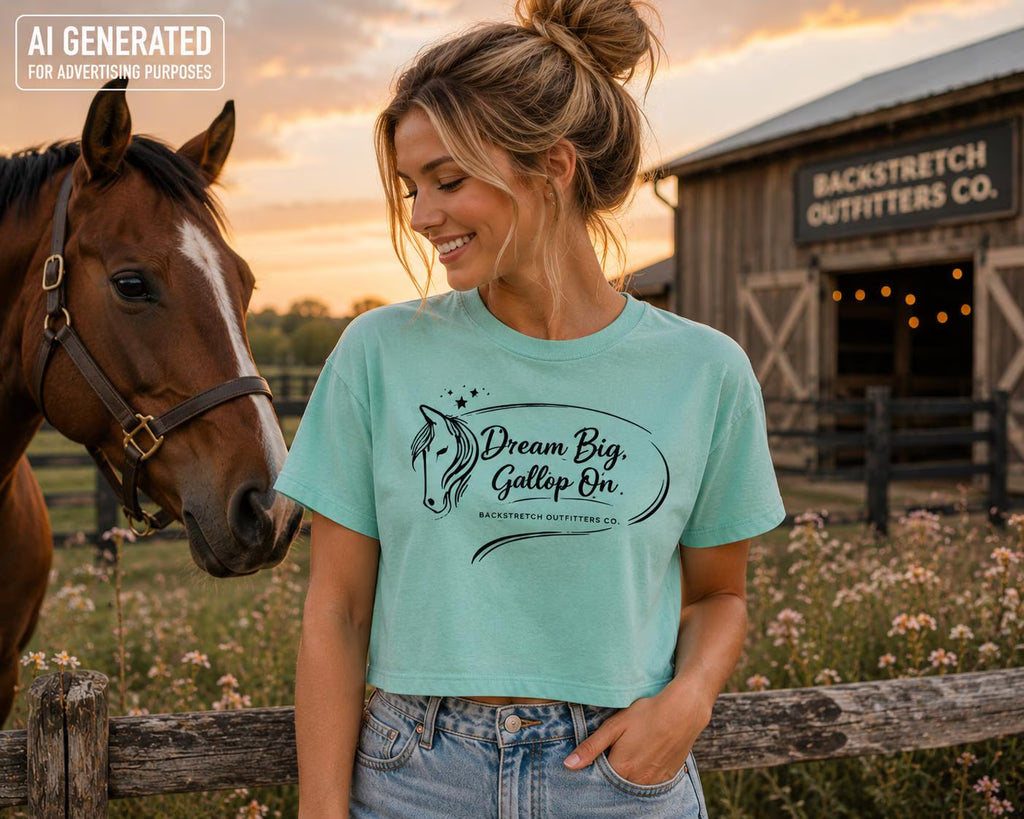 Dream Big Gallop On Cropped Horse Shirt, Women’s Equestrian Graphic Tee, Inspirational Horse Lover Gift, Aqua Riding Top