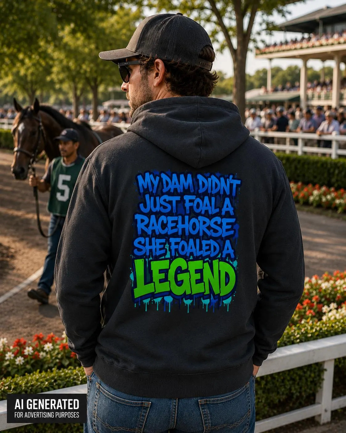 Funny Horse Breeder Hoodie – “My Dam Didn’t Just Foal a Racehorse, She Foaled a LEGEND” – Graffiti Drip Equestrian Sweatshirt – Race Hoodie