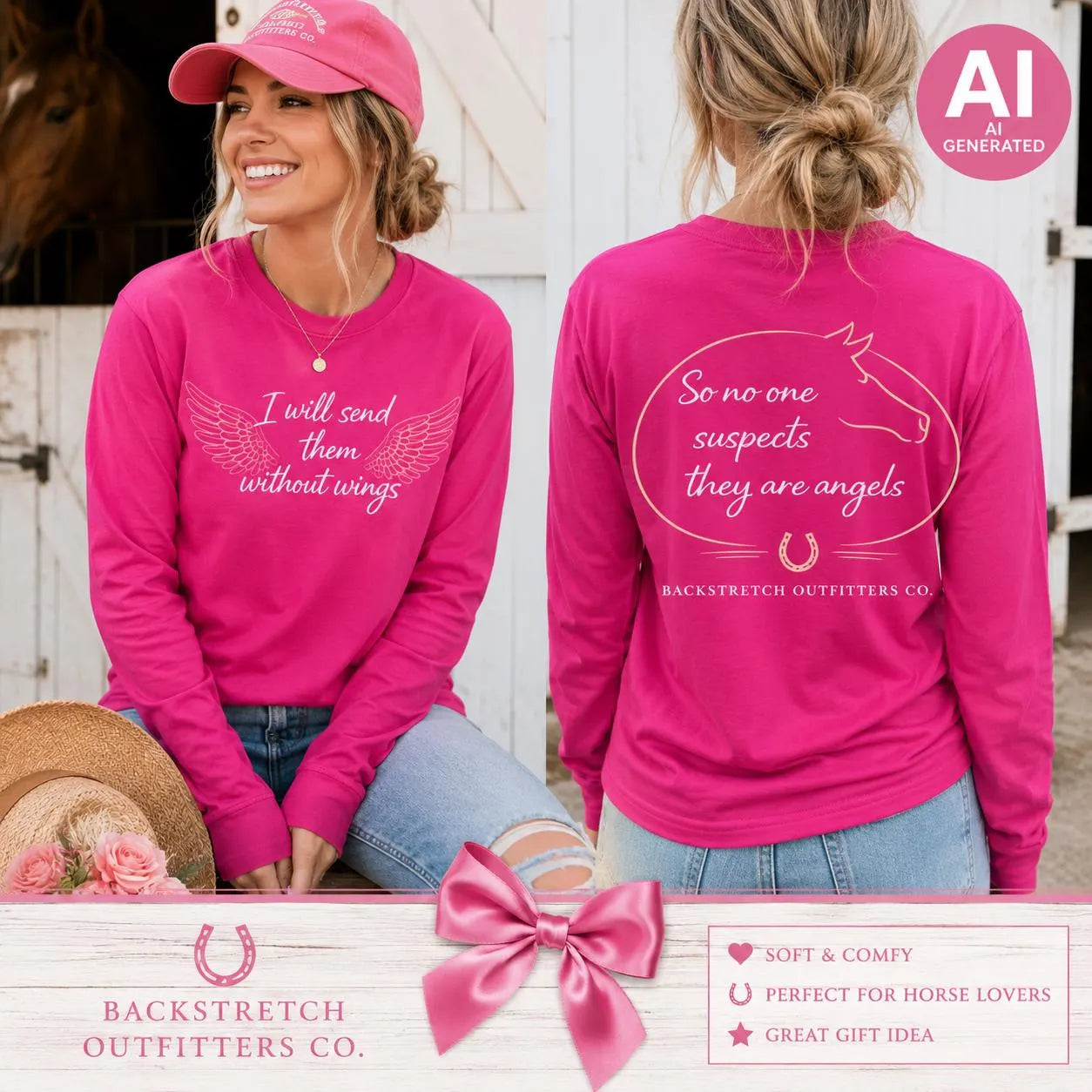 Horse Memorial Angel Shirt, Equestrian Long Sleeve Tee, Horse Lover Gift, Rainbow Bridge Tribute, Riding Mom Shirt