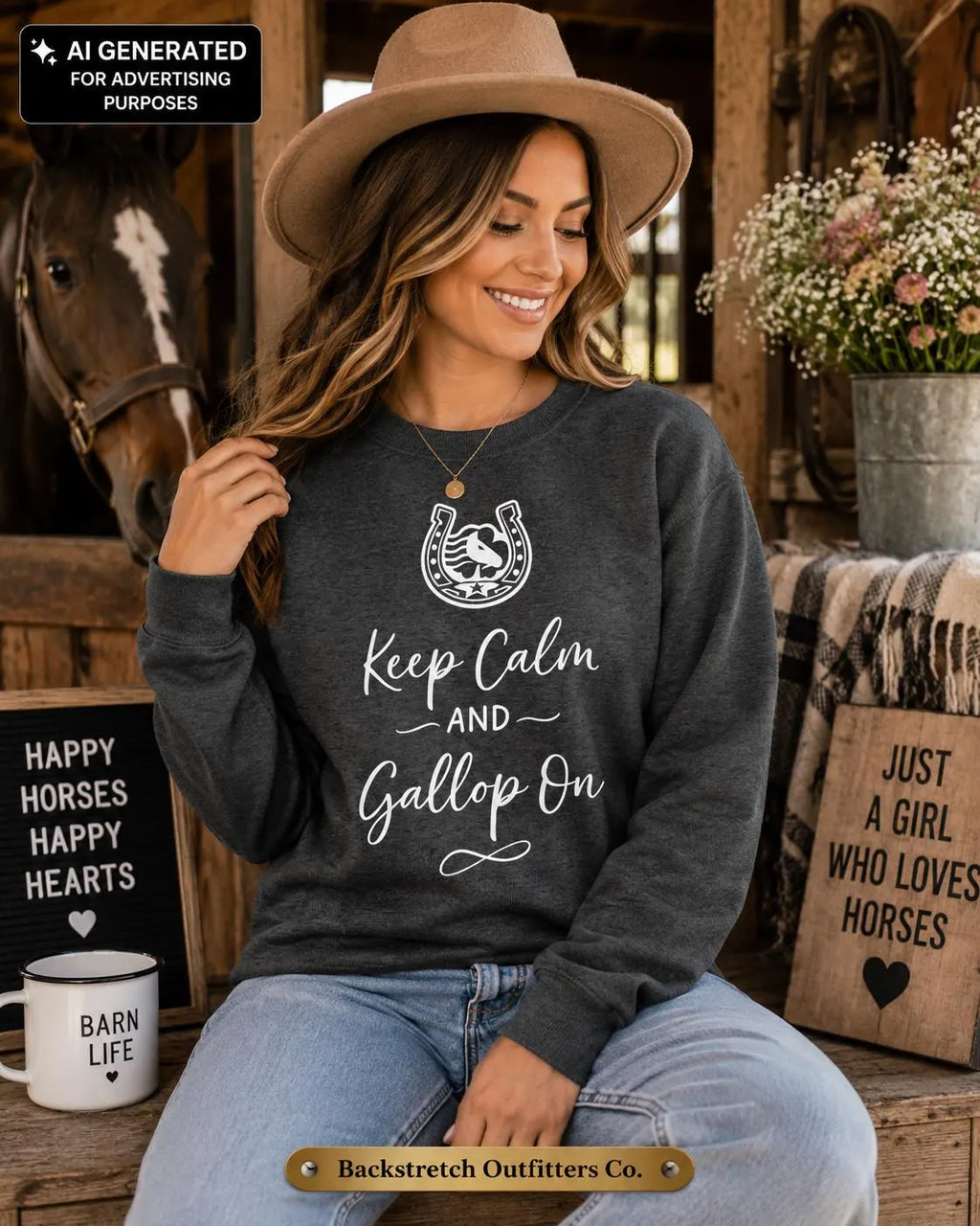 Keep Calm and Gallop On Cropped Sweatshirt, Women’s Horse Lover Crewneck, Equestrian Riding Gift, Black Horse Graphic Pullover
