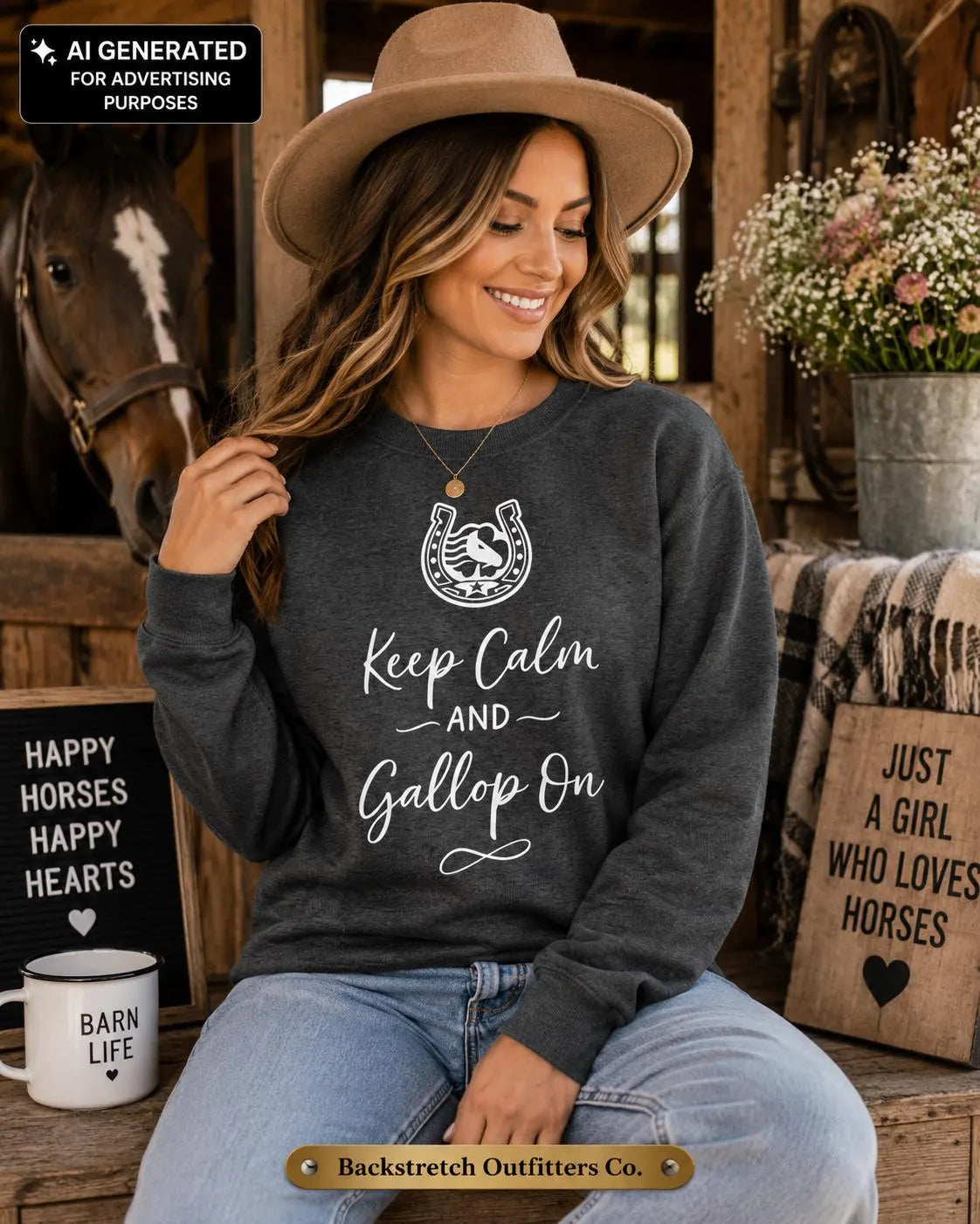 Keep Calm and Gallop On Cropped Sweatshirt, Women’s Horse Lover Crewneck, Equestrian Riding Gift, Black Horse Graphic Pullover