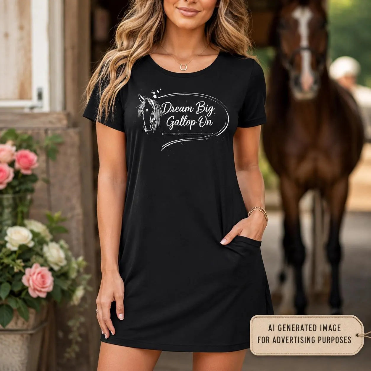 Dream Big Gallop On T-Shirt Dress, Women’s Horse Racing Dress, Equestrian Shirt Dress, Horse Lover Gift, Casual Race Day Outfit