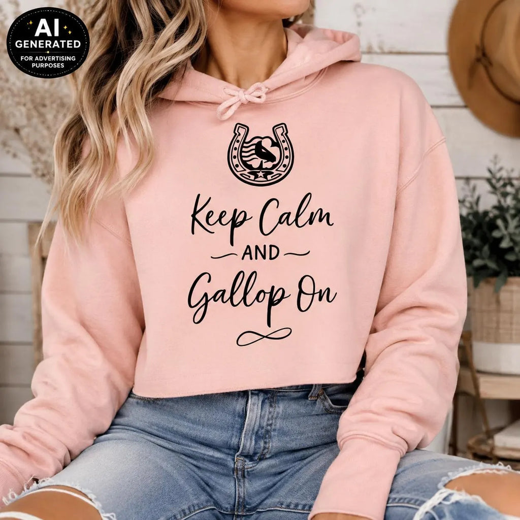 Keep Calm and Gallop On Hoodie, Horse Lover Cropped Hoodie, Equestrian Sweatshirt for Women, Cute Horse Racing Gift