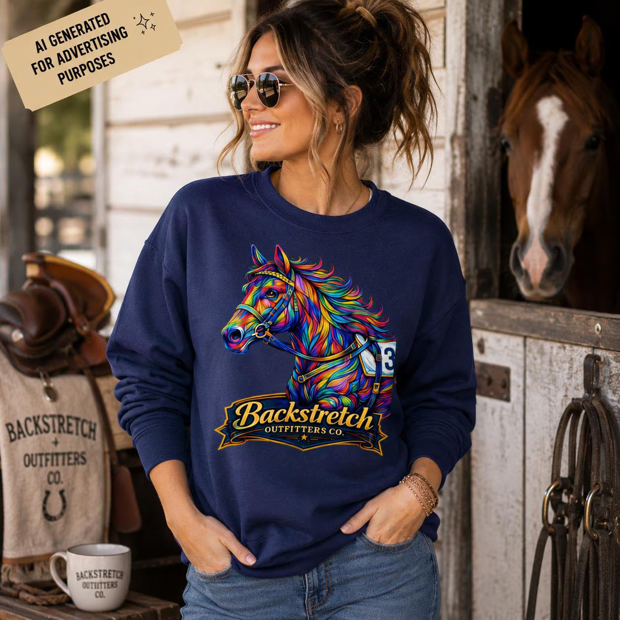 Colorful Race Horse Cropped Sweatshirt, Women’s Horse Racing Crewneck, Vibrant Equestrian Graphic Pullover, Horse Lover Gift