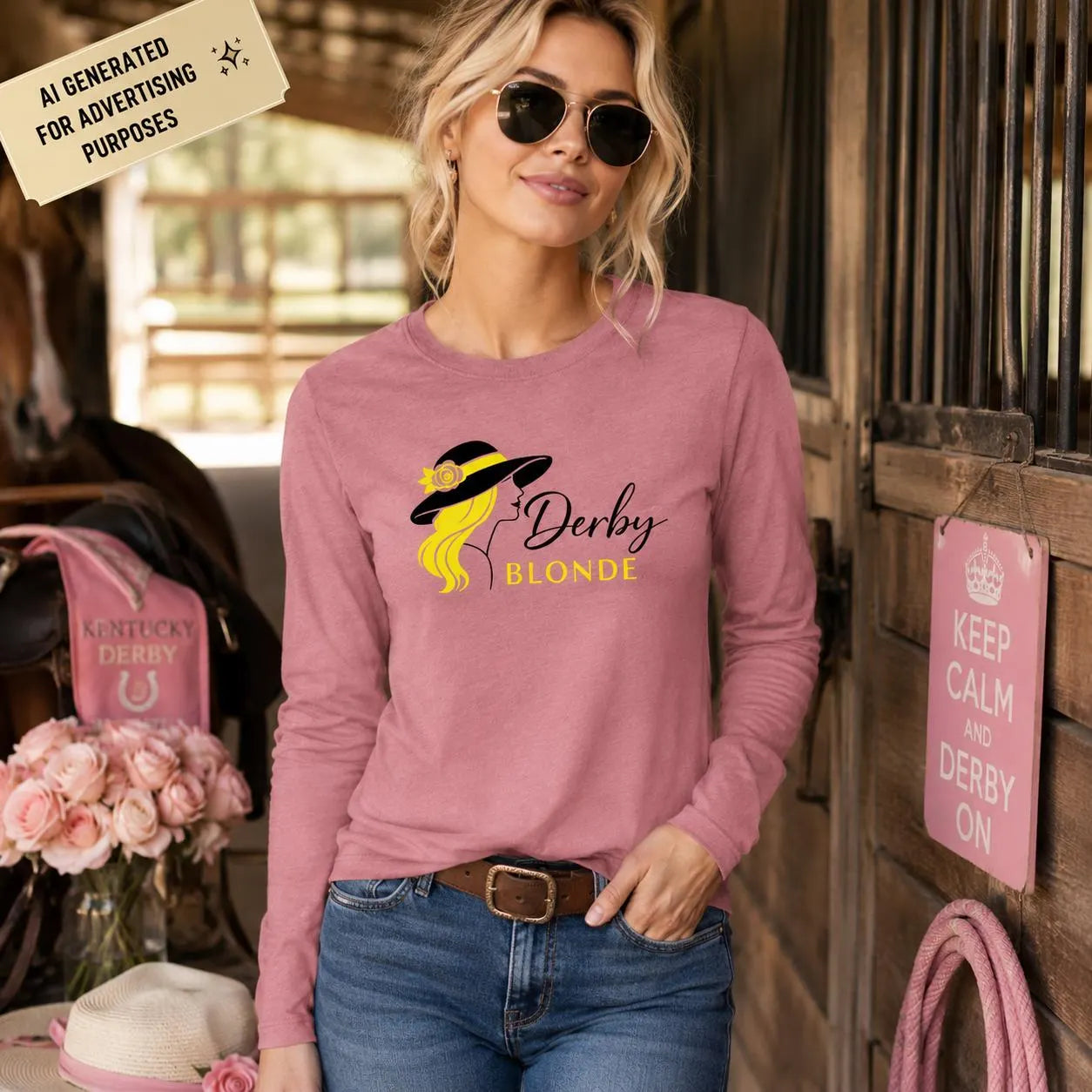 Derby Blonde Long Sleeve Shirt for Women, Horse Racing Race Day Top, Southern Derby Outfit, Equestrian Gift for Her