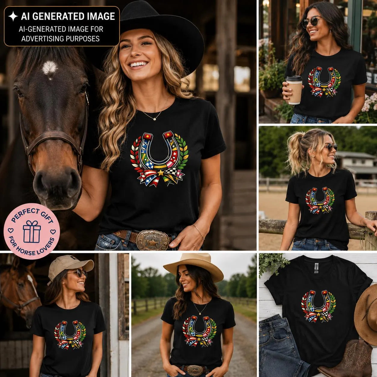 Colorful Horseshoe Horse Racing Shirt, Women’s Jockey Silks Graphic Tee, Race Day Equestrian Top, Horse Lover Gift
