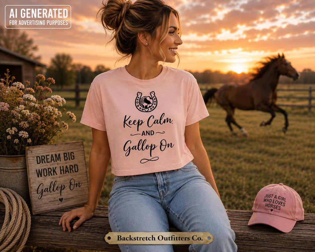 Keep Calm Gallop On Horse Shirt, Women’s Equestrian Graphic Tee, Horseshoe Riding Shirt, Horse Lover Gift for Her