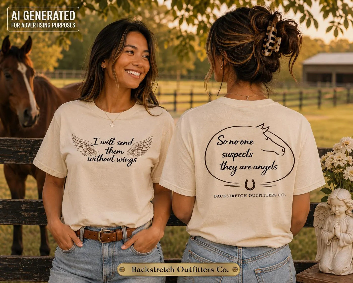 Horse Angel Shirt for Women, Sent Without Wings Equestrian Tee, Inspirational Horse Lover Gift, Front and Back Riding Shirt