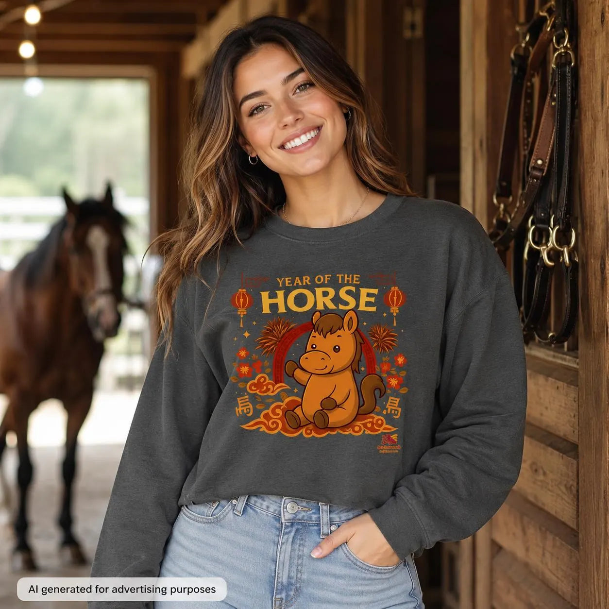 Year of the Horse Long Sleeve Shirt, Cute Lunar New Year Horse Top, Chinese Zodiac Graphic Tee, Horse Lover Gift